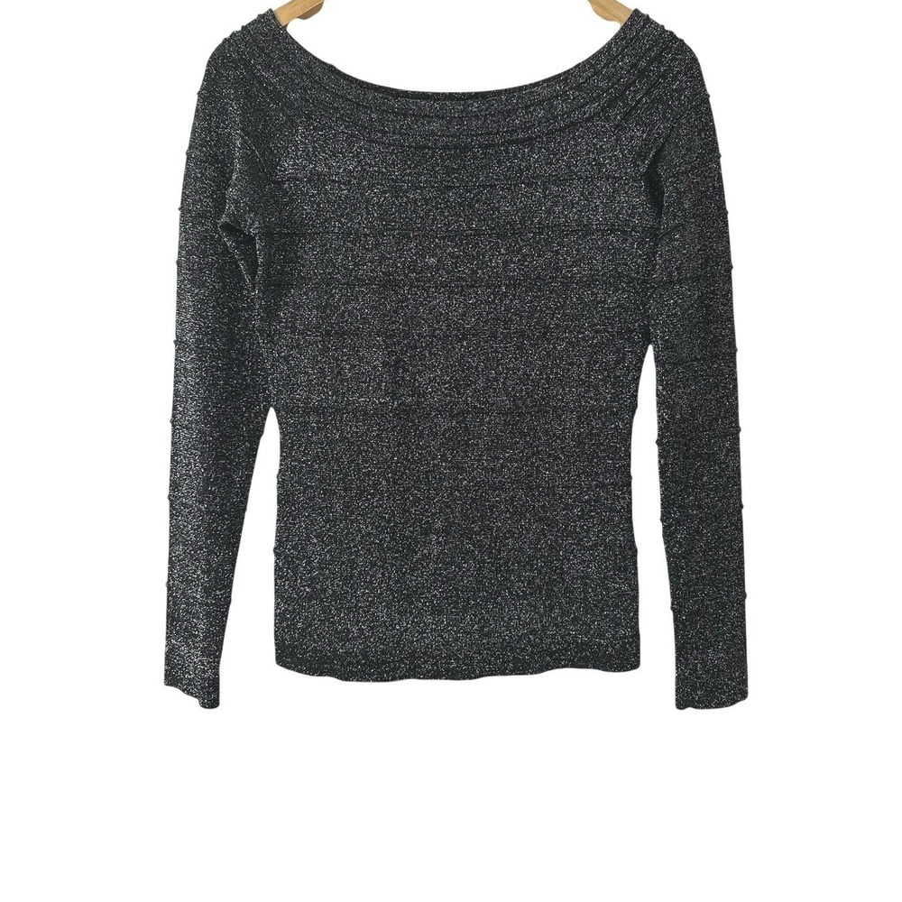 Vintage Cache Knit Top Womens Small Black Silver Metallic Shimmer Bodycon‎ Club
